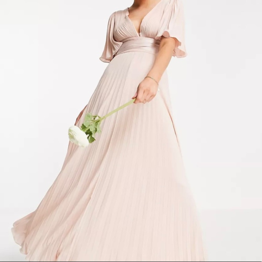ASOS Bridesmaid pleated flutter sleeve maxi dress with satin wrap waist Women 16